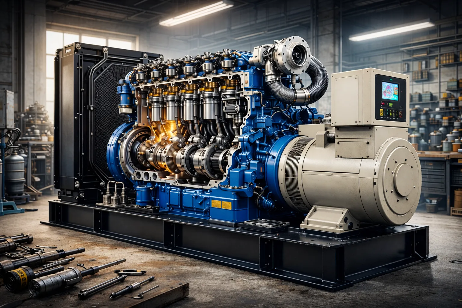Průmyslový diesel generátor v dílně